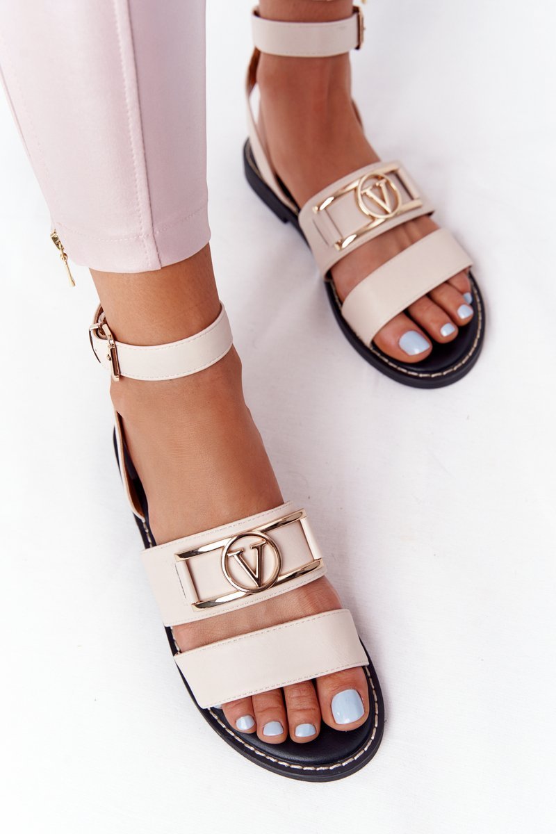 Flat Leather Sandals Beige On Time