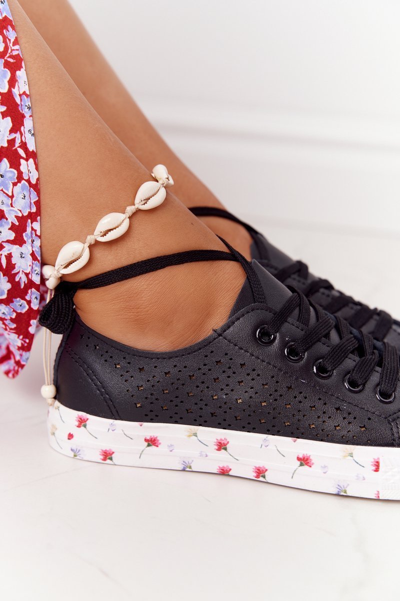 Openwork Leather Sneakers With Flowers Black Spring