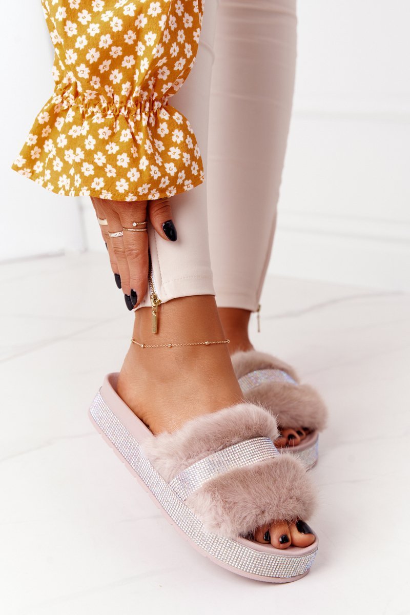 Platform Slippers With Fur And Cubic Zirconia Beige Impress